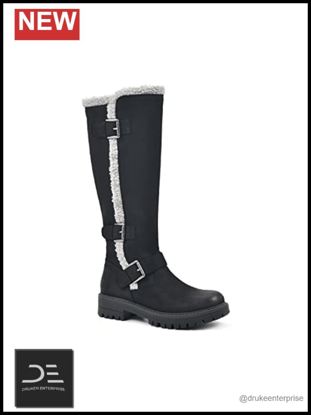 Knee-High Winter Boots with Faux Fur Trim & Buckle Detail